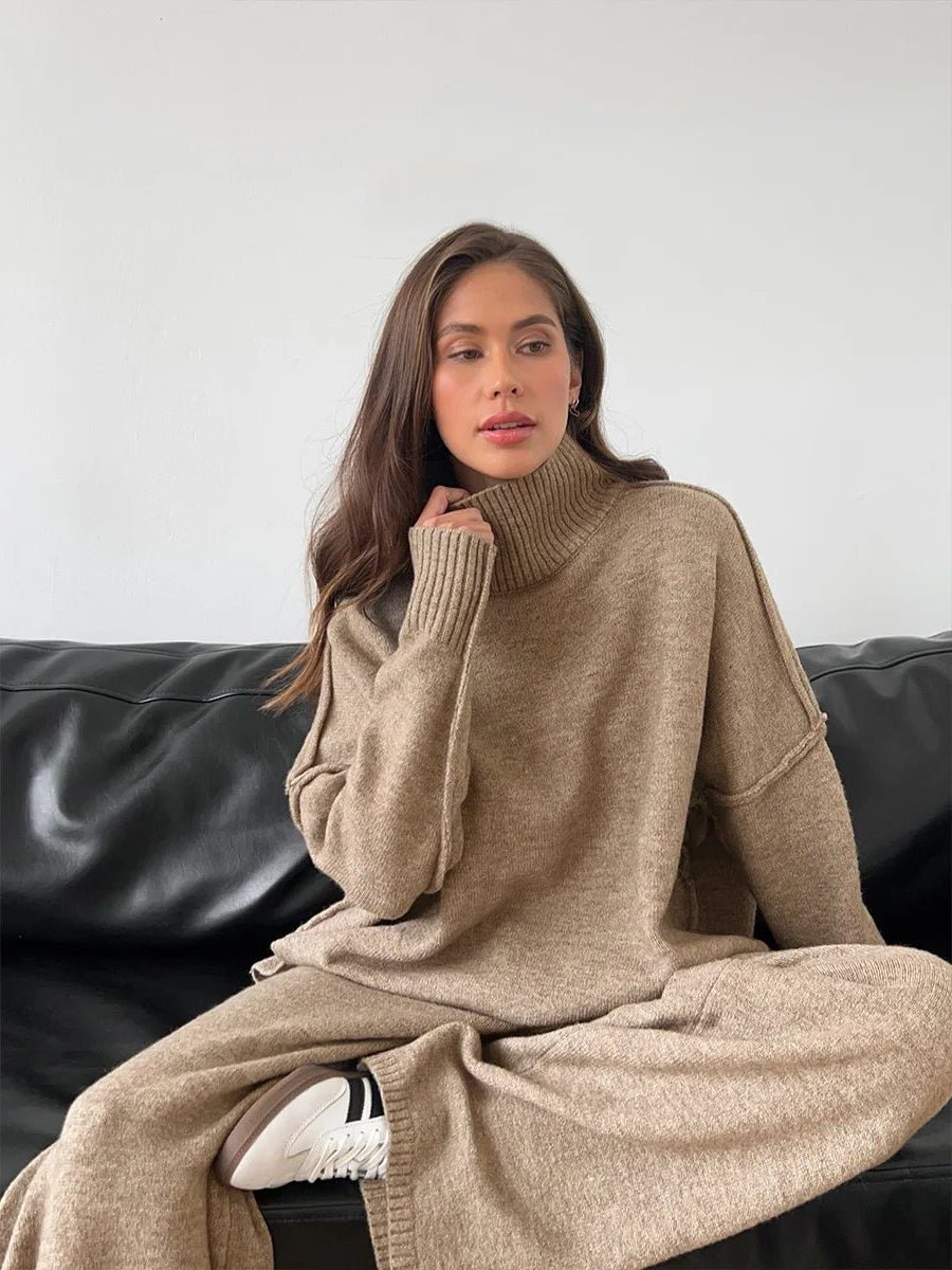 Women's Knitted Roll Neck Co-ord Set with Wide-Leg Trousers - Maisie London