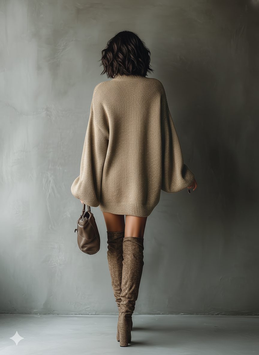 Women's Ribbed Knit Oversized Mini Jumper Dress with Roll Neck - Maisie London