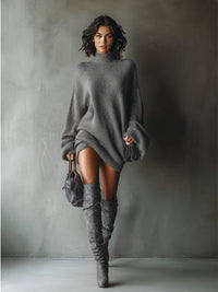 Women's Ribbed Knit Oversized Mini Jumper Dress with Roll Neck - Maisie London