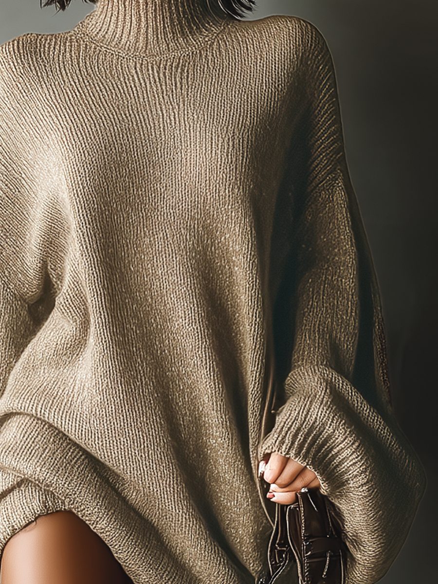Women's Ribbed Knit Oversized Mini Jumper Dress with Roll Neck - Maisie London