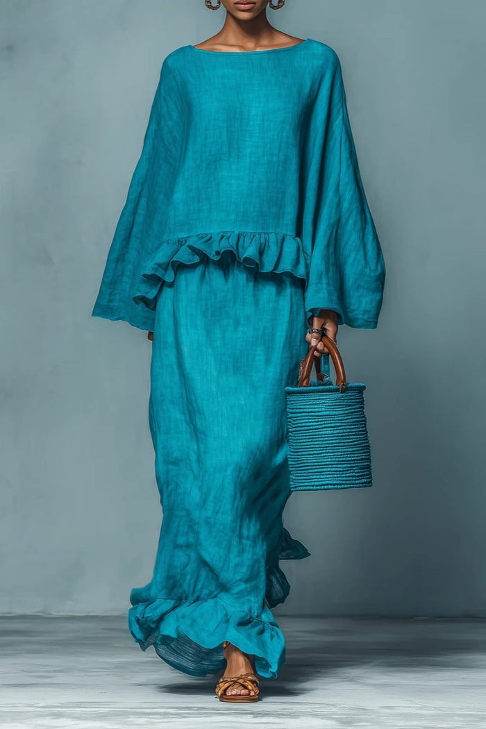 Women's Blue Linen-Look Maxi Skirt Set with Ruffle Hem - Maisie London