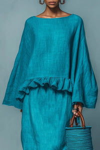 Women's Blue Linen-Look Maxi Skirt Set with Ruffle Hem - Maisie London