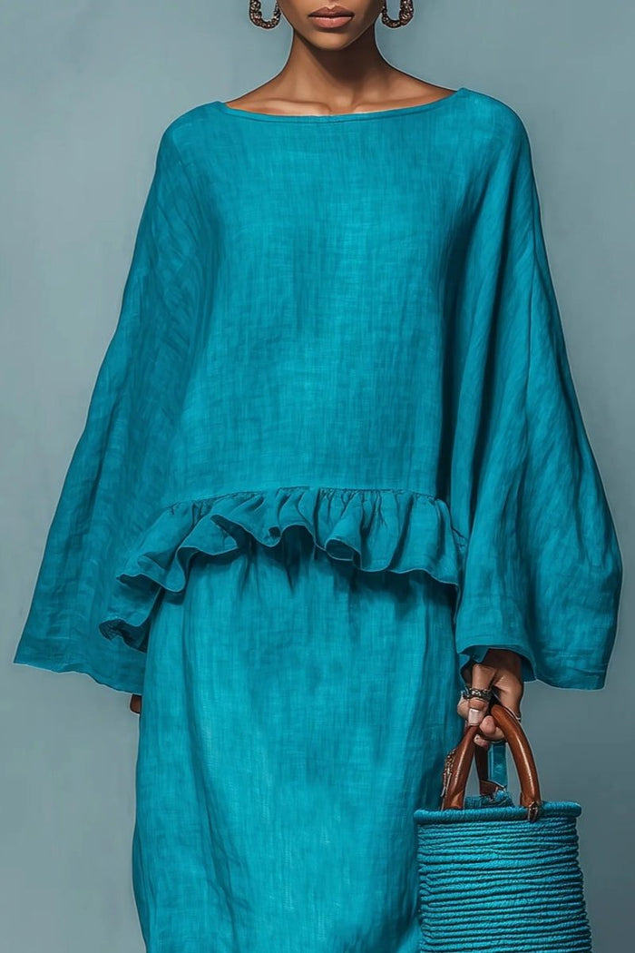Women's Blue Linen-Look Maxi Skirt Set with Ruffle Hem - Maisie London