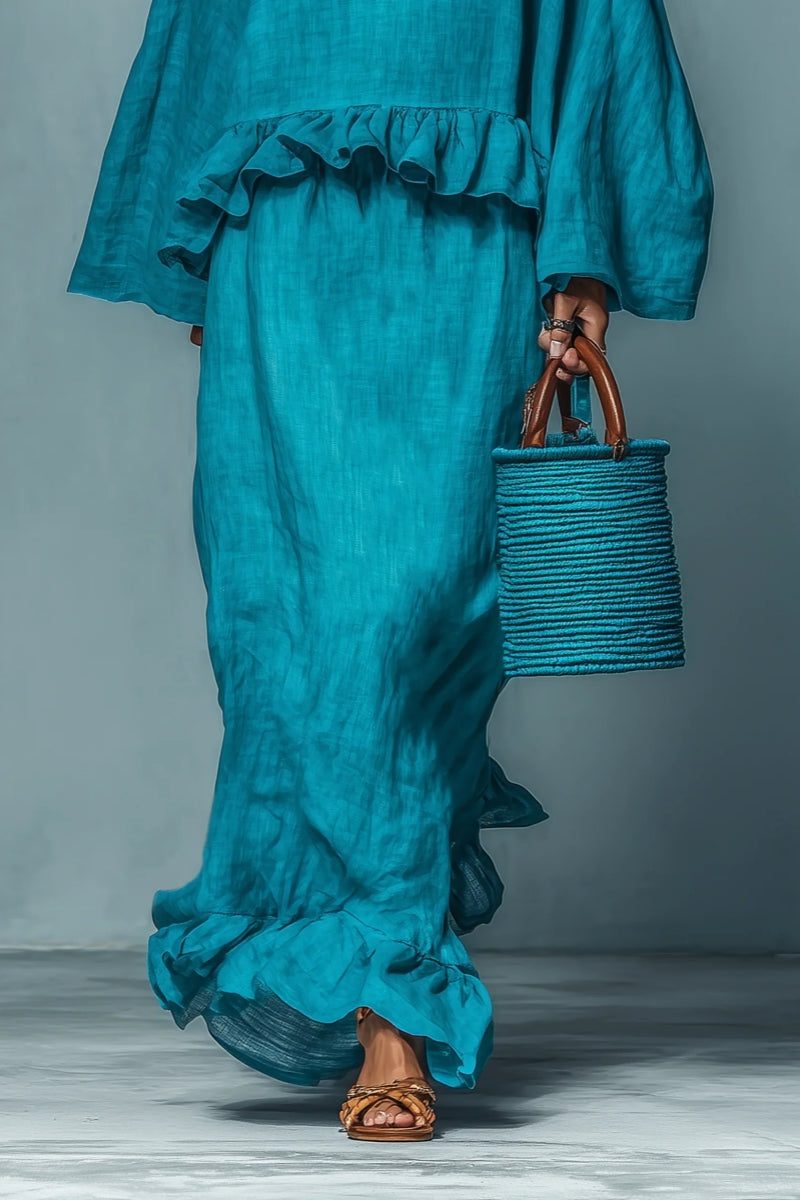 Women's Blue Linen-Look Maxi Skirt Set with Ruffle Hem - Maisie London