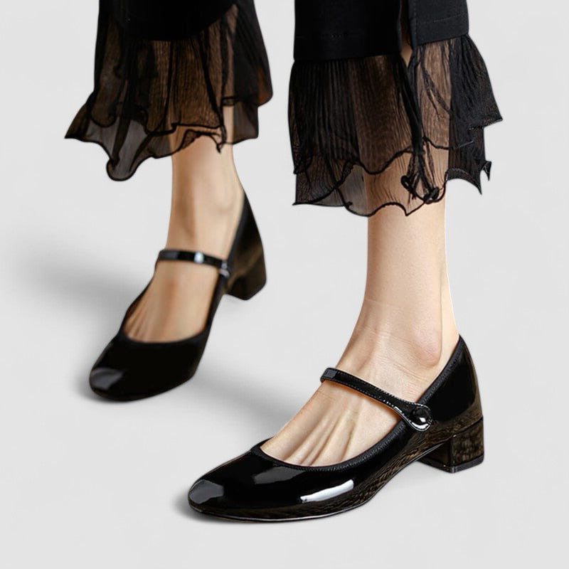 Women's Patent Block Heel Mary Jane Shoes with Strap and Round-Toe - Maisie London