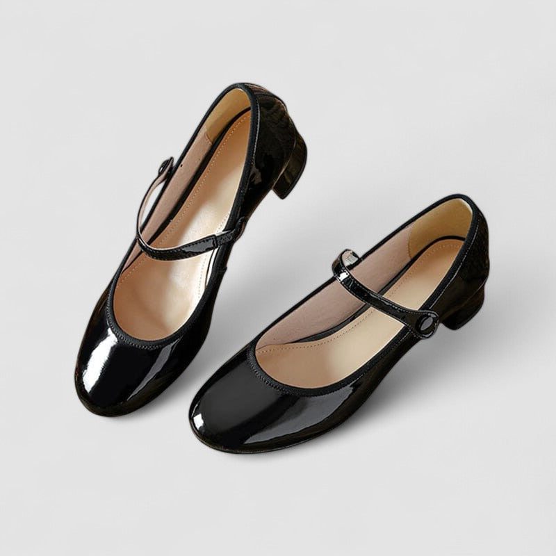 Women's Patent Block Heel Mary Jane Shoes with Strap and Round-Toe - Maisie London