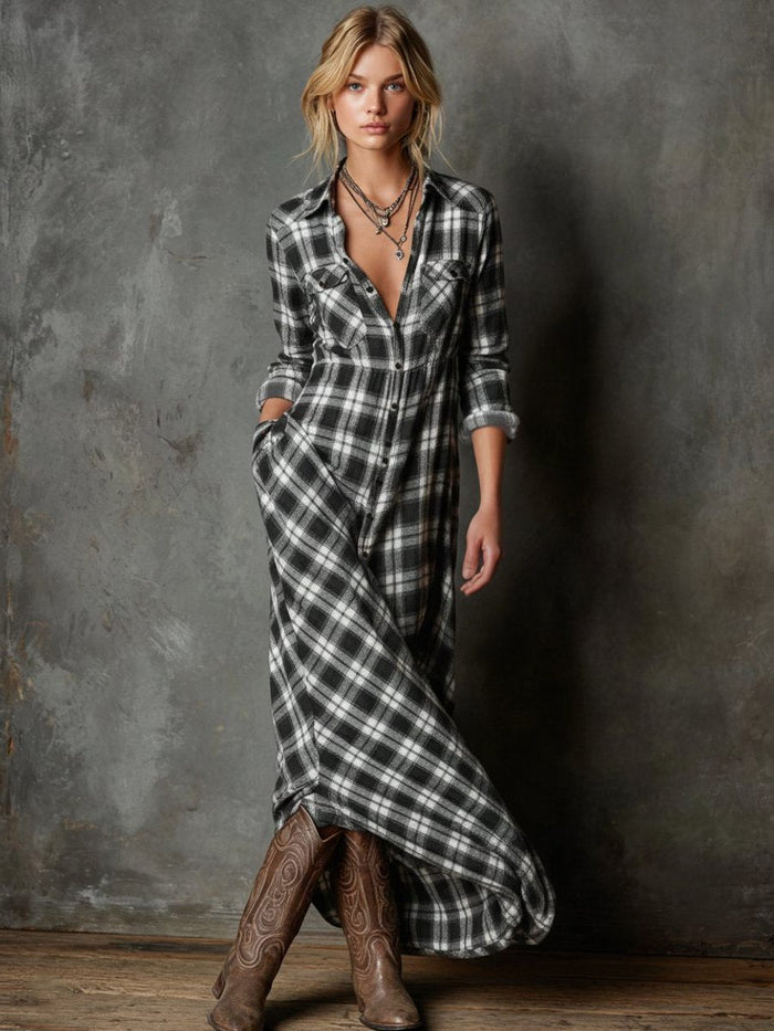 Women's Check Maxi Shirt Dress with Button-Front and Pockets - Maisie London