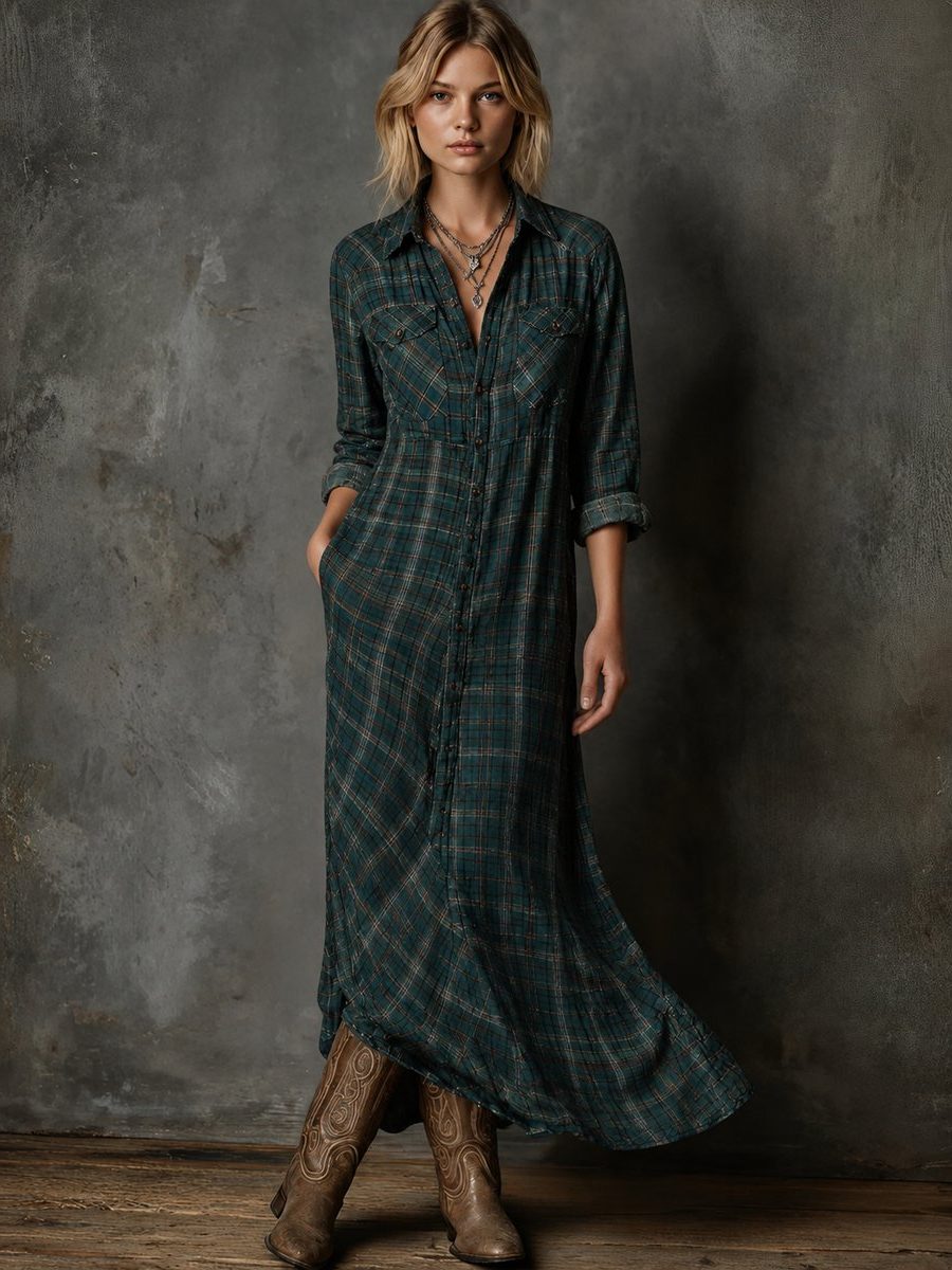Women's Check Maxi Shirt Dress with Button-Front and Pockets - Maisie London