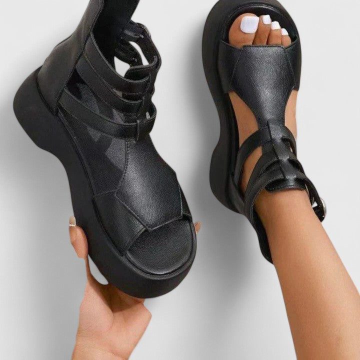 Women's Faux Leather Platform Gladiator Sandals with Ankle Buckles - Maisie London