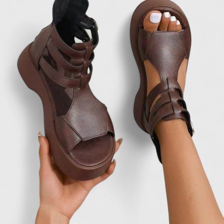Women's Faux Leather Platform Gladiator Sandals with Ankle Buckles - Maisie London