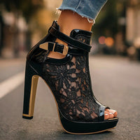 Women's Lace Platform Peep-Toe Heeled Ankle Boots with Buckle Strap - Maisie London
