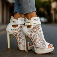 Women's Lace Platform Peep-Toe Heeled Ankle Boots with Buckle Strap - Maisie London