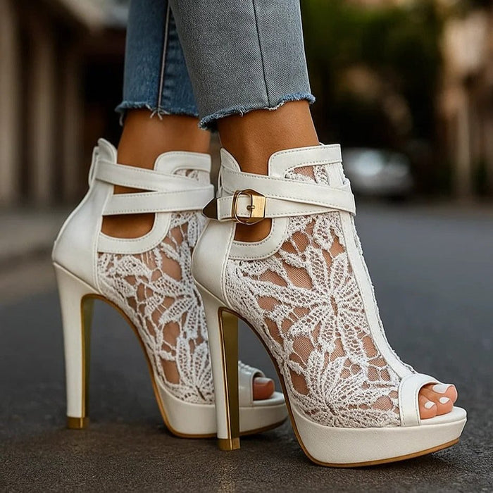 Women's Lace Platform Peep-Toe Heeled Ankle Boots with Buckle Strap - Maisie London