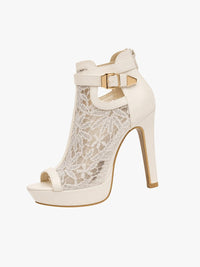 Women's Lace Platform Peep-Toe Heeled Ankle Boots with Buckle Strap - Maisie London
