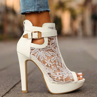 Women's Lace Platform Peep-Toe Heeled Ankle Boots with Buckle Strap - Maisie London