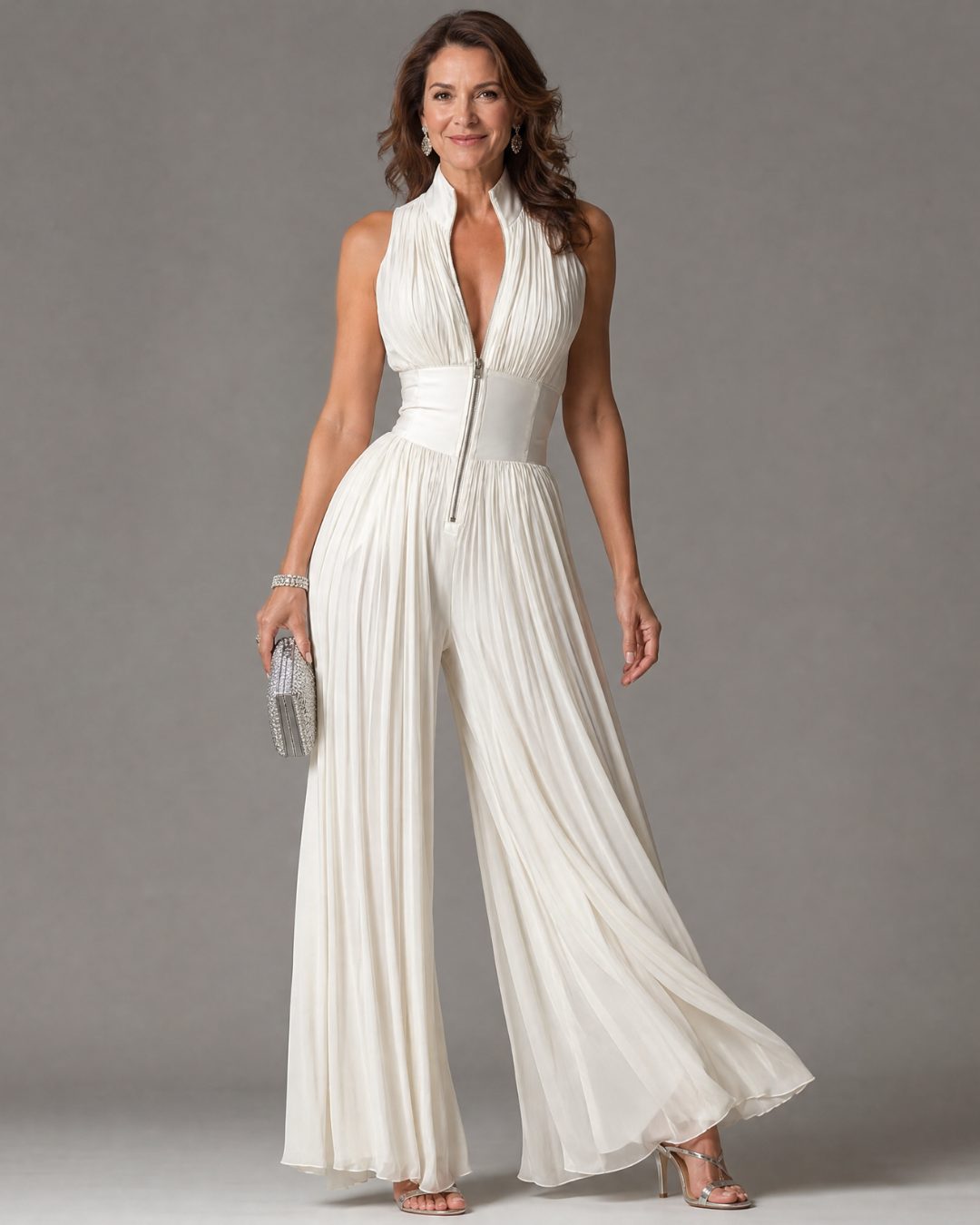 Women's White Pleated Wide-Leg Jumpsuit with Zip Front and Collar - Maisie London