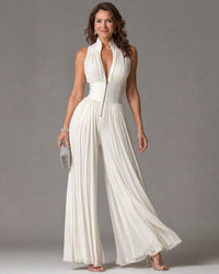 Women's White Pleated Wide-Leg Jumpsuit with Zip Front and Collar - Maisie London