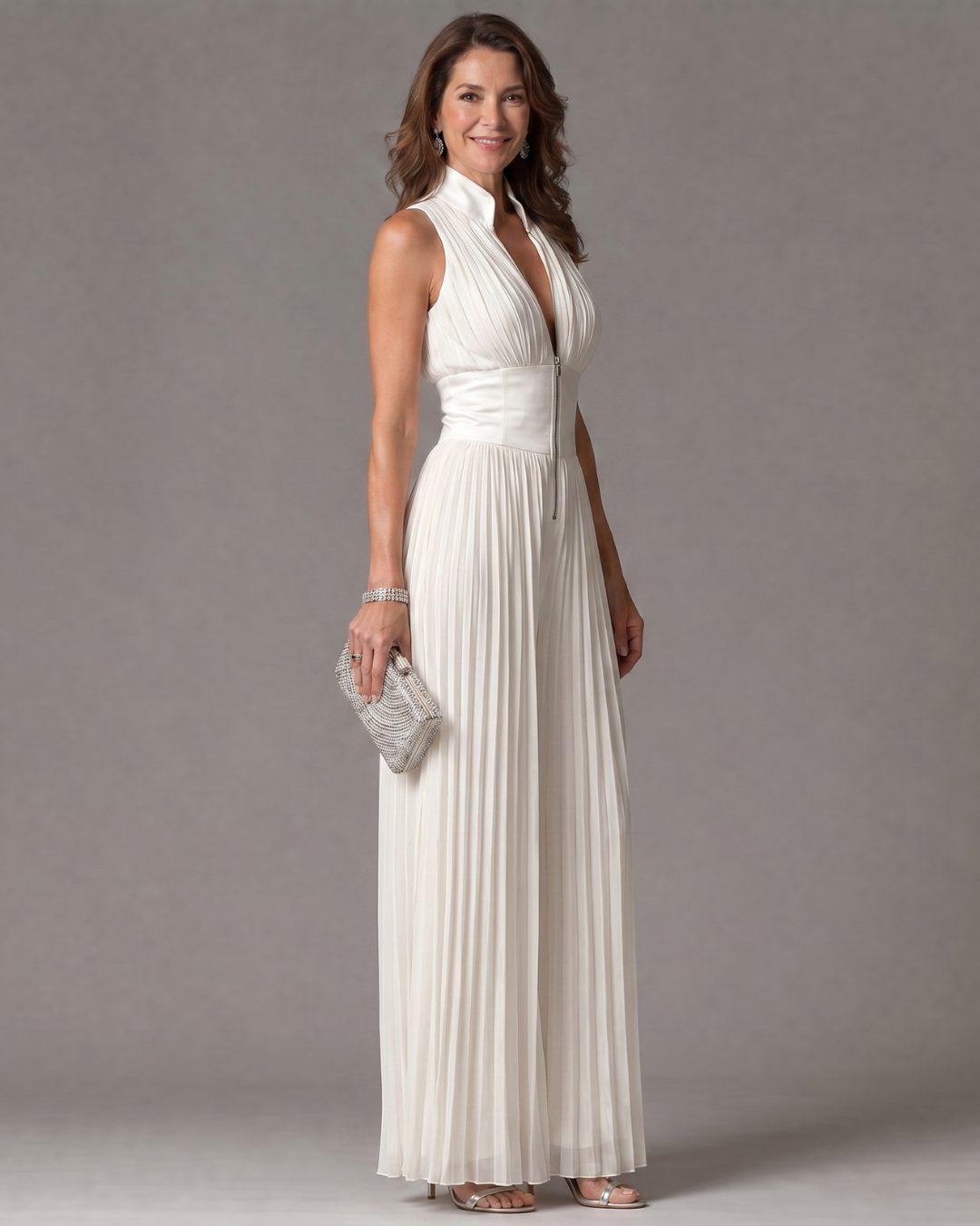Women's White Pleated Wide-Leg Jumpsuit with Zip Front and Collar - Maisie London