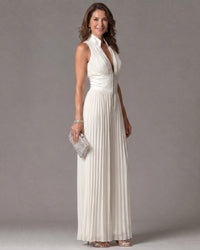 Women's White Pleated Wide-Leg Jumpsuit with Zip Front and Collar - Maisie London