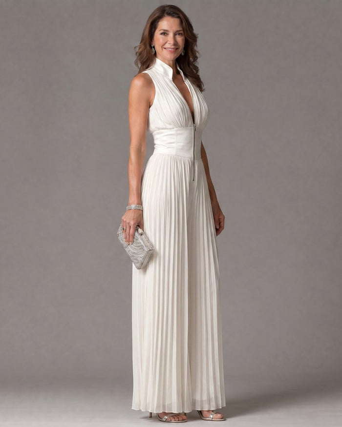 Women's White Pleated Wide-Leg Jumpsuit with Zip Front and Collar - Maisie London