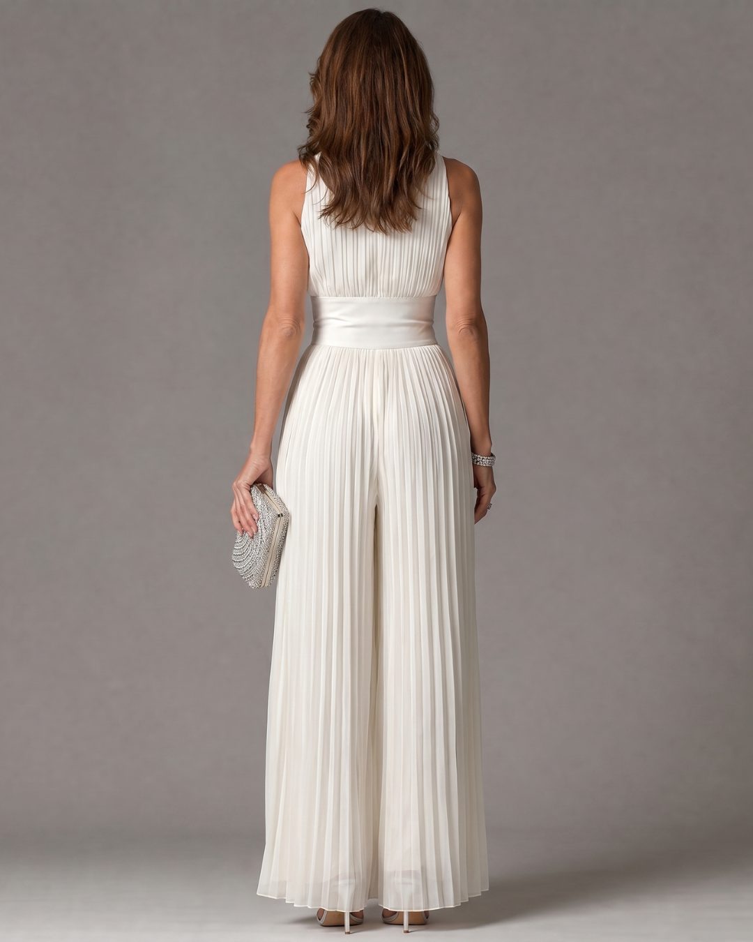Women's White Pleated Wide-Leg Jumpsuit with Zip Front and Collar - Maisie London