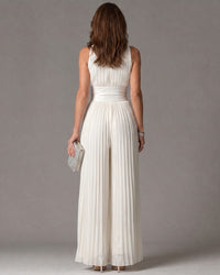 Women's White Pleated Wide-Leg Jumpsuit with Zip Front and Collar - Maisie London