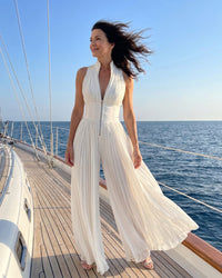 Women's White Pleated Wide-Leg Jumpsuit with Zip Front and Collar - Maisie London
