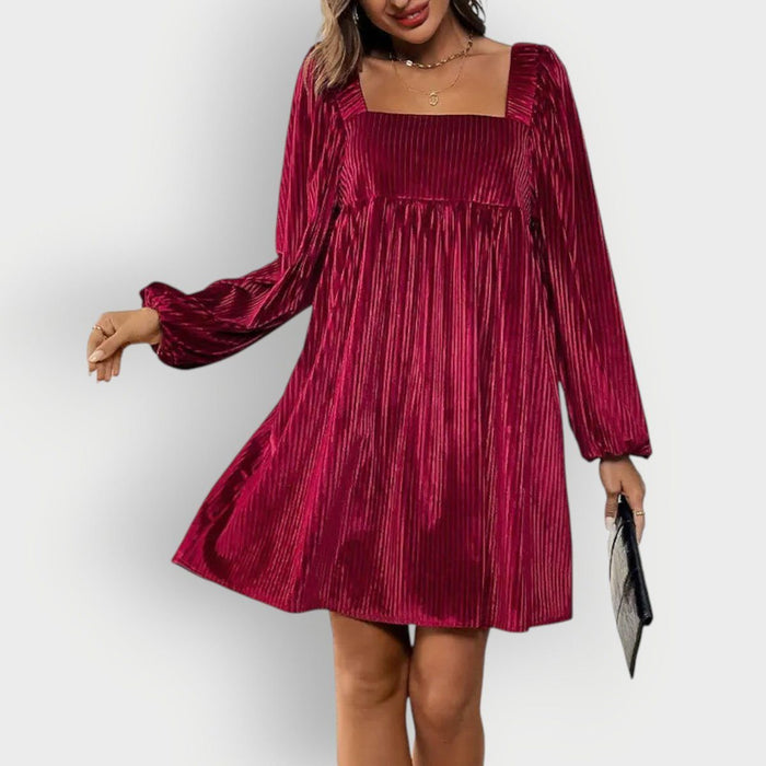 Women's Pleated Velvet Mini Dress with Square Neck and Long Sleeves - Maisie London