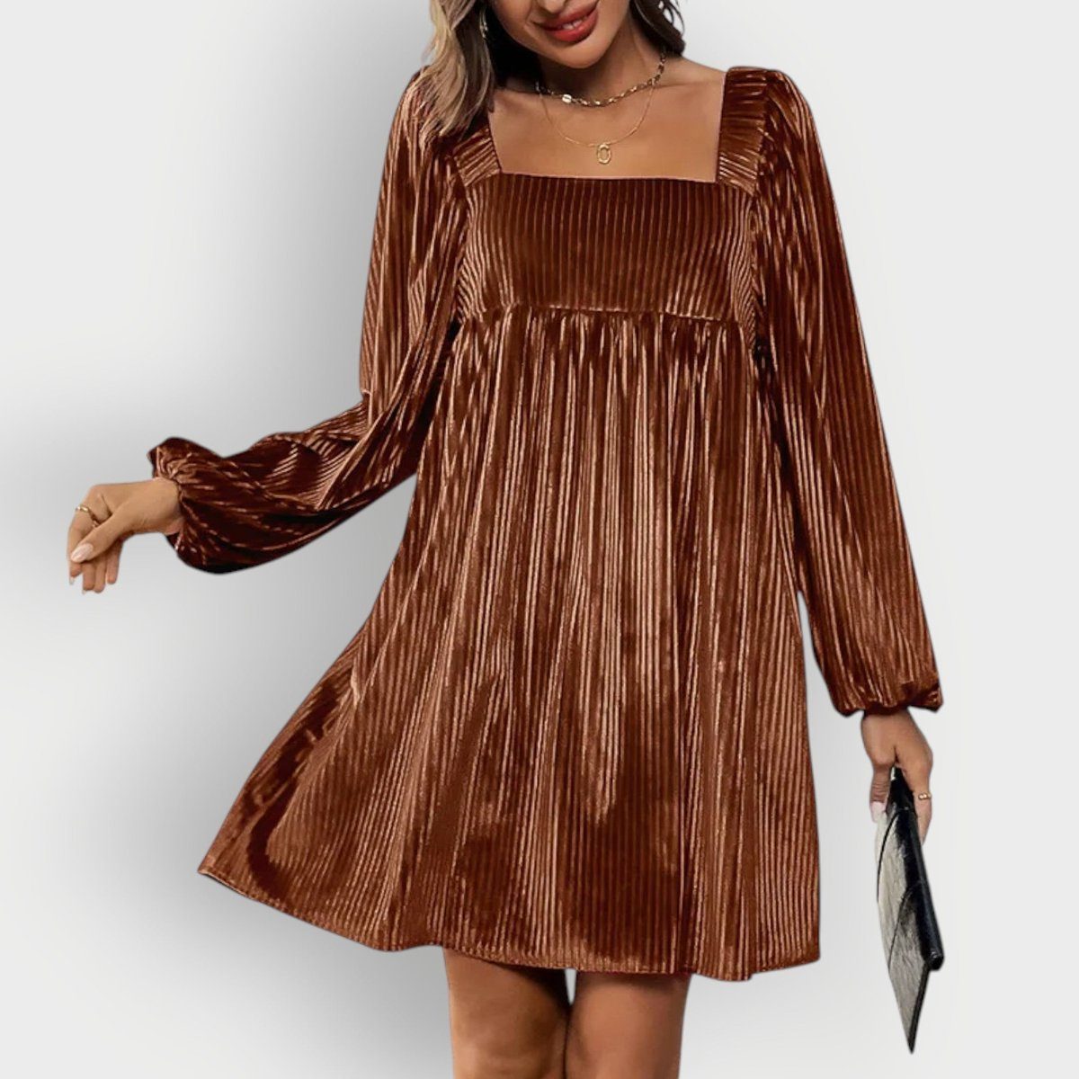 Women's Pleated Velvet Mini Dress with Square Neck and Long Sleeves - Maisie London