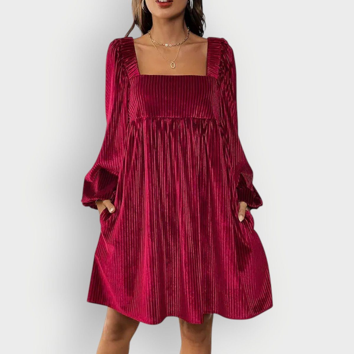 Women's Pleated Velvet Mini Dress with Square Neck and Long Sleeves - Maisie London