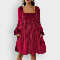 Women's Pleated Velvet Mini Dress with Square Neck and Long Sleeves - Maisie London