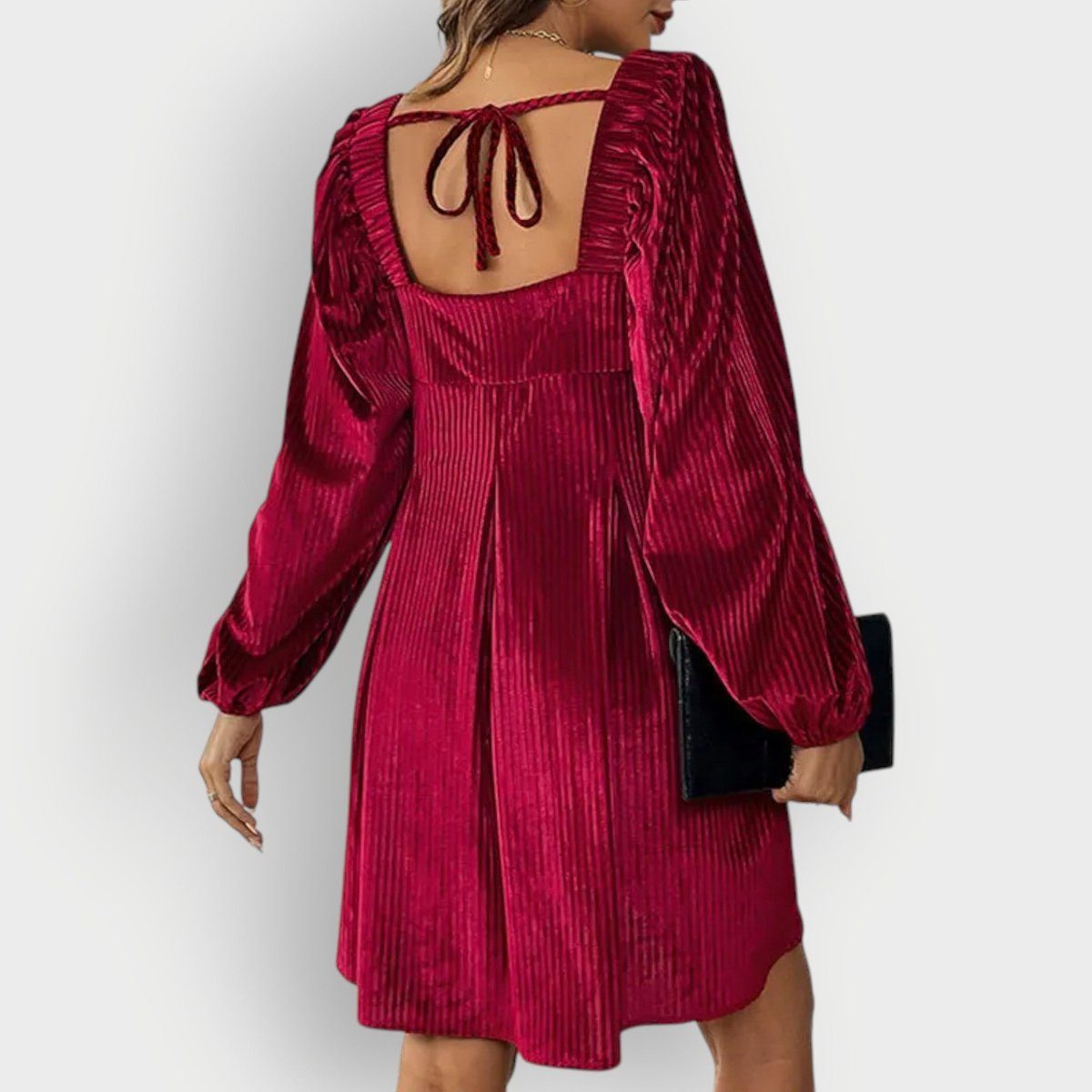 Women's Pleated Velvet Mini Dress with Square Neck and Long Sleeves - Maisie London