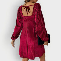 Women's Pleated Velvet Mini Dress with Square Neck and Long Sleeves - Maisie London