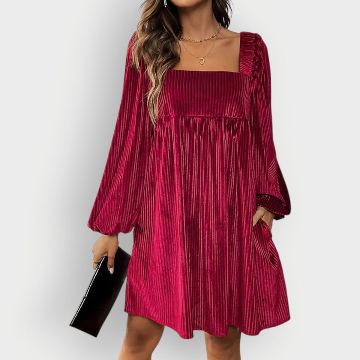 Women's Pleated Velvet Mini Dress with Square Neck and Long Sleeves - Maisie London