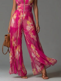 Women's Pleated Chiffon Wide-Leg Jumpsuit with Zip Front and Collar - Maisie London