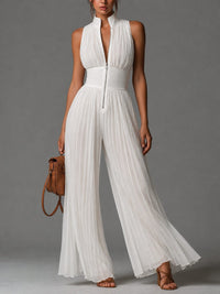 Women's Pleated Chiffon Wide-Leg Jumpsuit with Zip Front and Collar - Maisie London