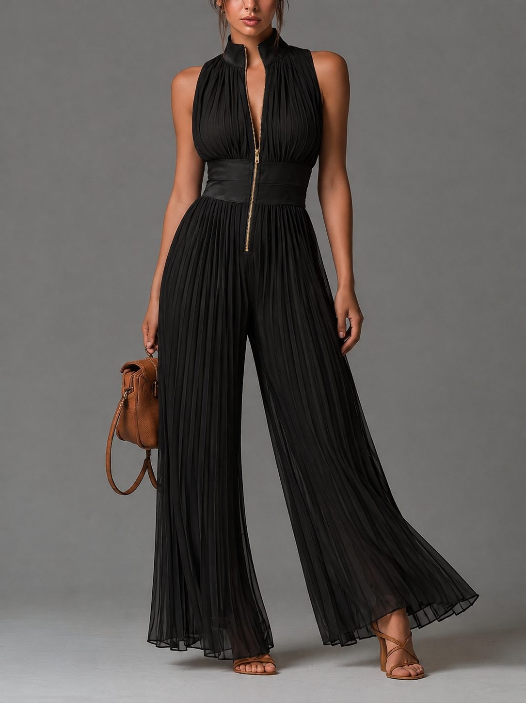Women's Pleated Chiffon Wide-Leg Jumpsuit with Zip Front and Collar - Maisie London
