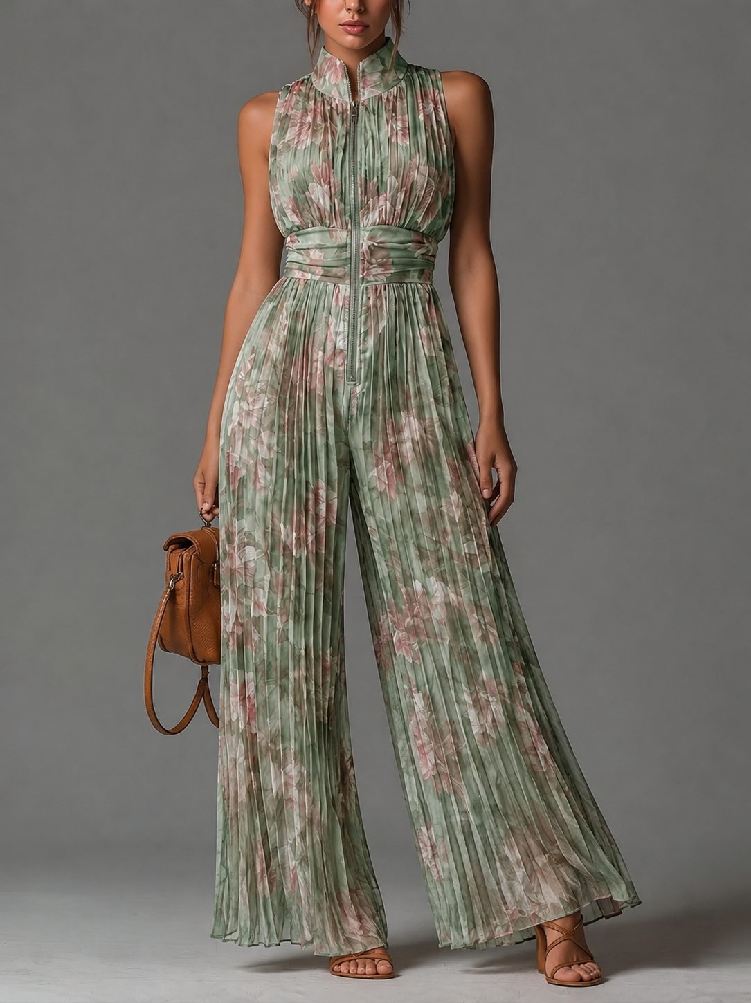 Women's Pleated Chiffon Wide-Leg Jumpsuit with Zip Front and Collar - Maisie London