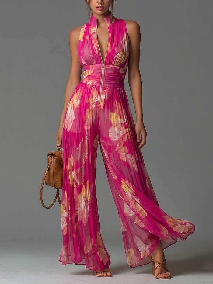 Women's Pleated Chiffon Wide-Leg Jumpsuit with Zip Front and Collar - Maisie London