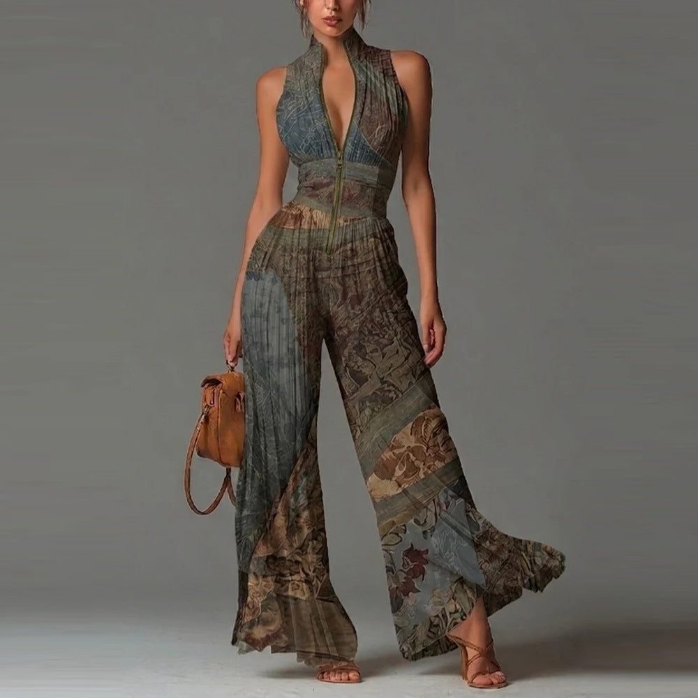 Women's Pleated Chiffon Wide-Leg Jumpsuit with Zip Front and Collar - Maisie London