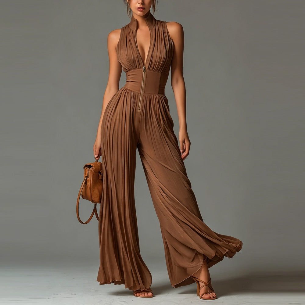 Women's Pleated Chiffon Wide-Leg Jumpsuit with Zip Front and Collar - Maisie London