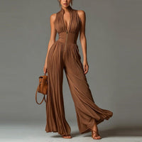 Women's Pleated Chiffon Wide-Leg Jumpsuit with Zip Front and Collar - Maisie London