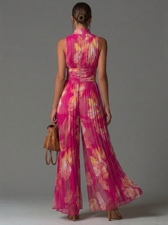 Women's Pleated Chiffon Wide-Leg Jumpsuit with Zip Front and Collar - Maisie London