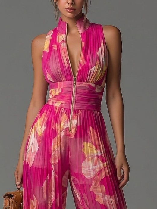 Women's Pleated Chiffon Wide-Leg Jumpsuit with Zip Front and Collar - Maisie London