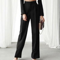 Women's High-Waisted Wide-Leg Trousers with Pleat Front and Pockets - Maisie London