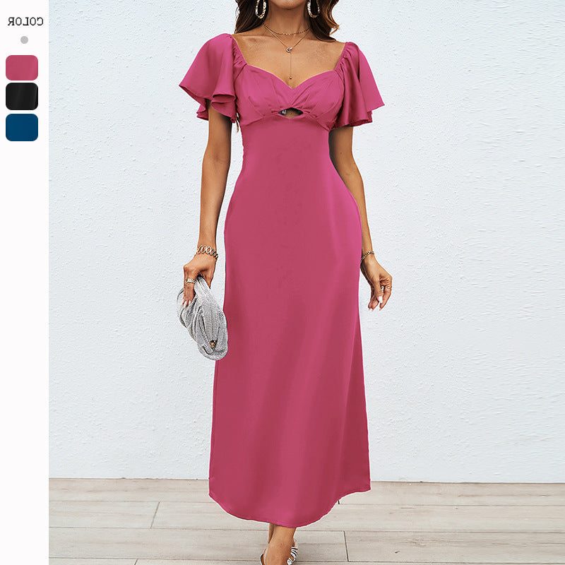 Women's Twist Front Maxi Dress with Flutter Sleeves and Keyhole - Maisie London
