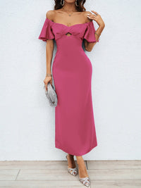 Women's Twist Front Maxi Dress with Flutter Sleeves and Keyhole - Maisie London