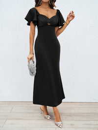 Women's Twist Front Maxi Dress with Flutter Sleeves and Keyhole - Maisie London