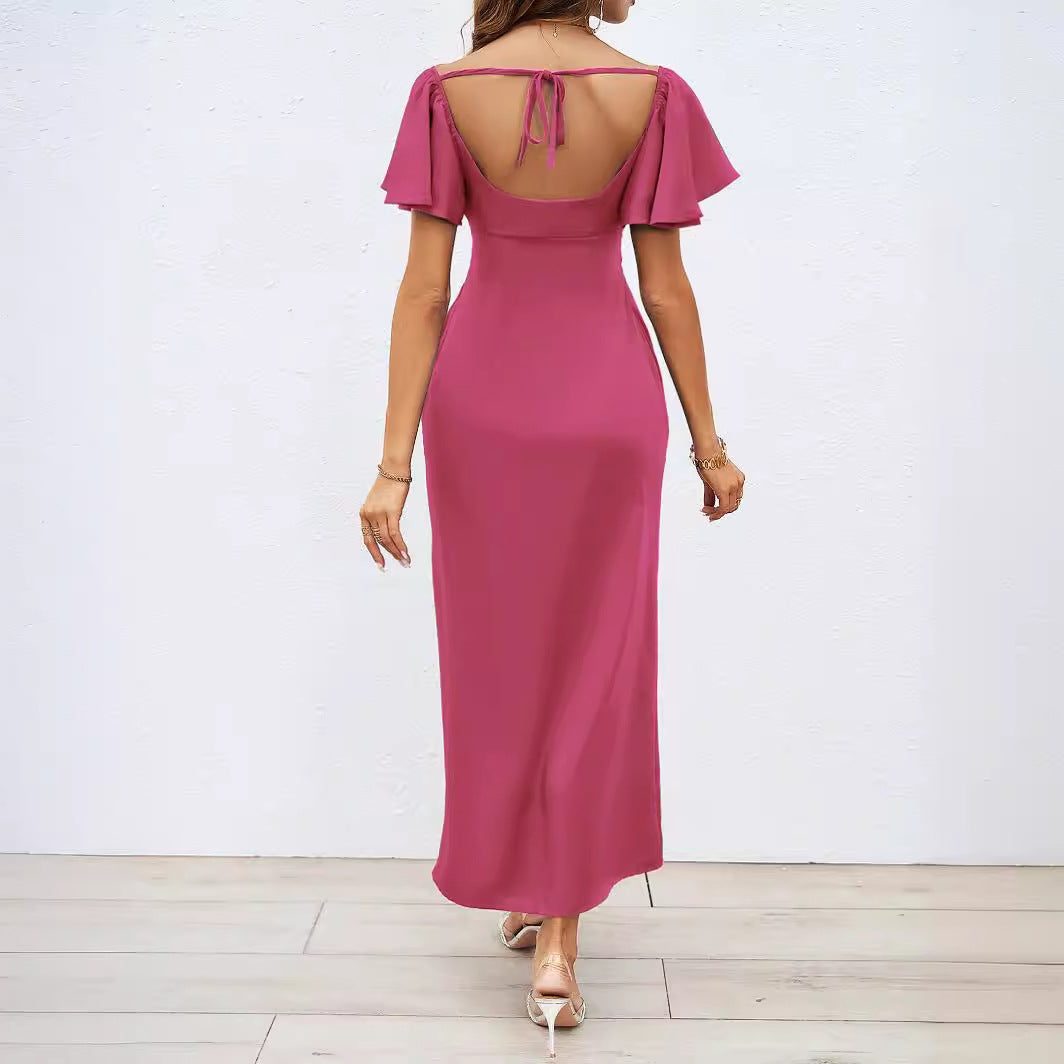 Women's Twist Front Maxi Dress with Flutter Sleeves and Keyhole - Maisie London