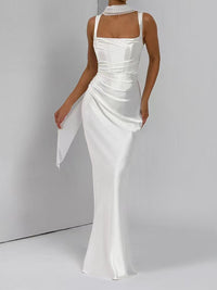 Women's Satin Square-Neck Maxi Dress with Ruching and Corset Back - Maisie London
